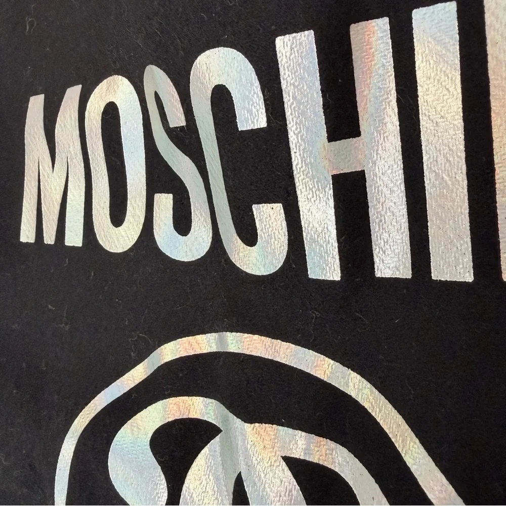 Moschino Black Iridescent Logo Fringe Wool Scarf